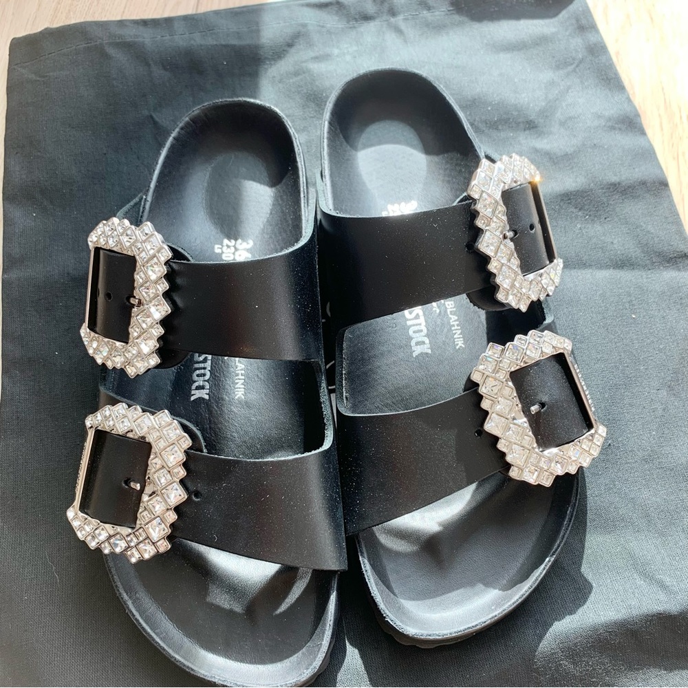 Manolo Blahnik x Birkenstock Black Leather Arizona Crystal Buckle Sandals - Picture 2 of 9